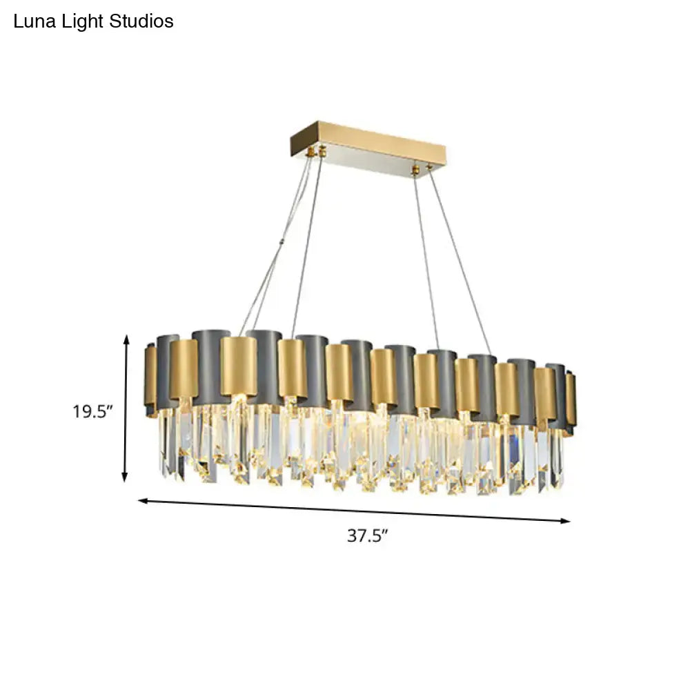 DecorBites™ tri-sided crystal rod hanging lamp with 10 gold and matte black cylindrical shades and crystal droplets