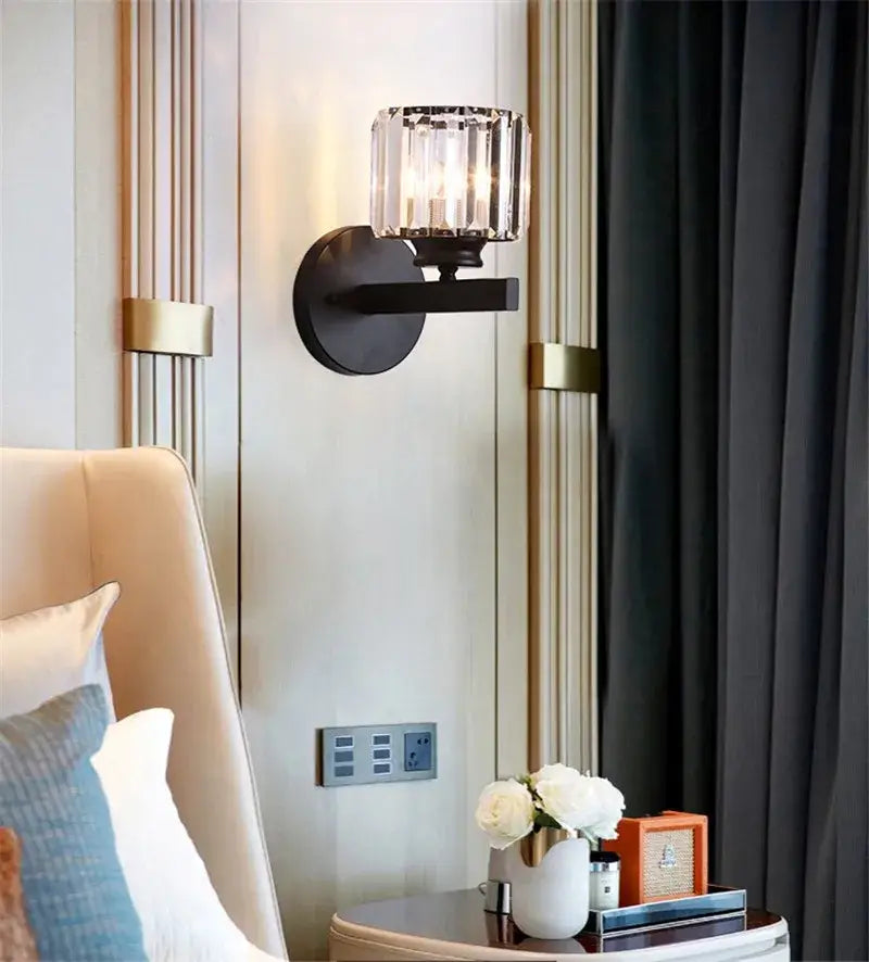 Black wall sconce with faceted crystal glass shade for modern gold and black crystal sconce light decorbites crystal sconce
