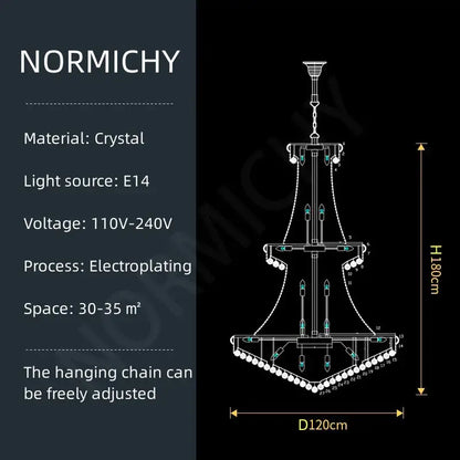 Modern gold and black crystal staircase pendant light with tiered design and electroplated metal finish stainless steel frame