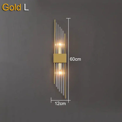 Modern gold and black crystal wall lamp with sleek vertical rods and two illuminated light sources for living room decorbites crystal wall lamp