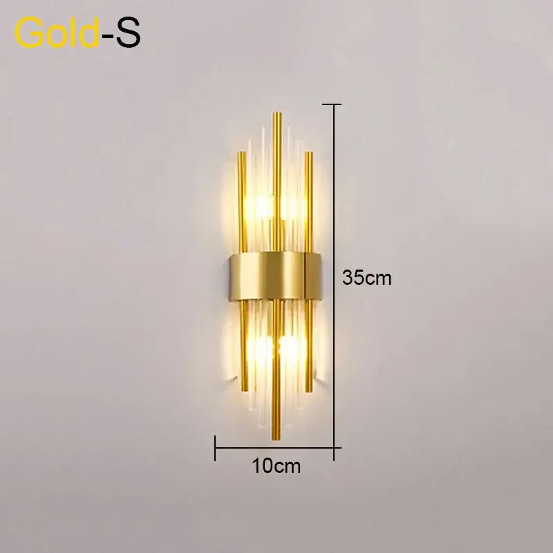 Modern gold and black decorbites crystal wall lamp with vertical gold rods and clear glass tubes for living room decor