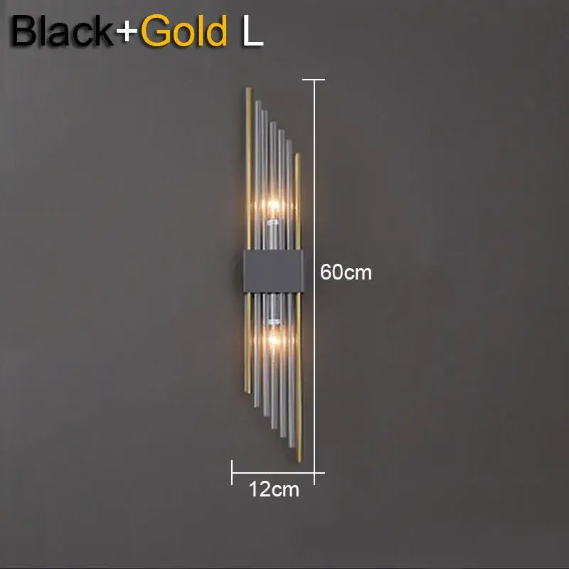 Modern gold and black crystal wall lamp with vertical metallic rods for living room decorbites crystal wall lamp