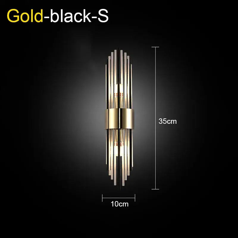 Modern gold and black wall lamp with vertical metallic rods and central gold band for decorbites crystal wall lamp decor