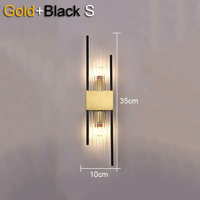 Modern gold and black crystal wall lamp featuring vertical glass rods for living room decorbites crystal wall use