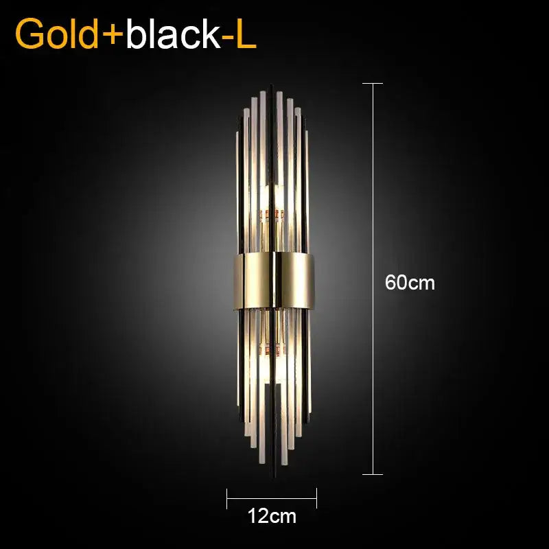 Modern gold and black crystal wall lamp with vertical metallic rods for elegant living room decorbites crystal wall lighting
