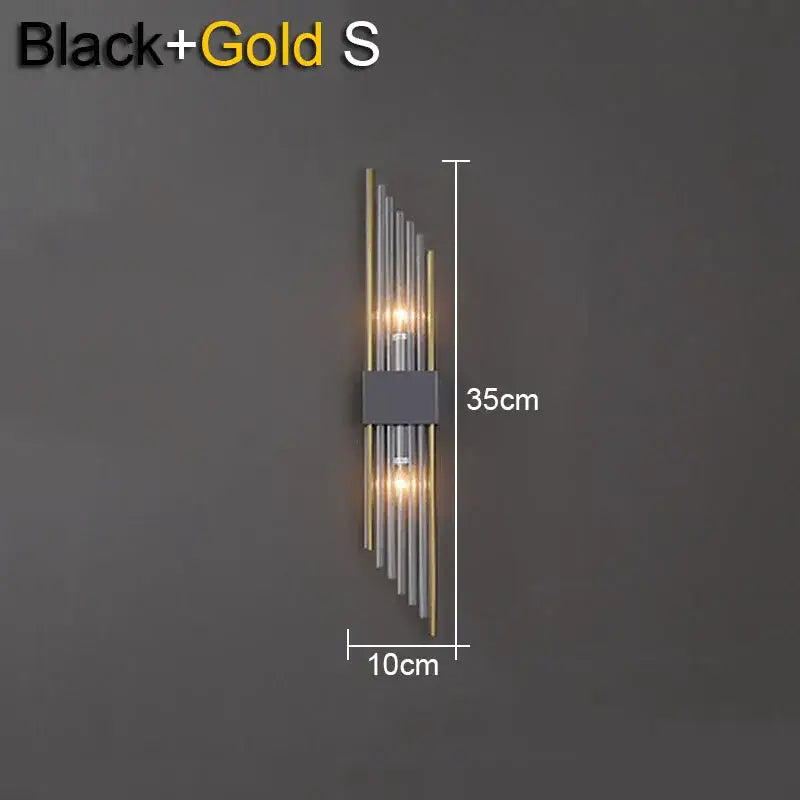 Modern gold and black crystal wall lamp with slender vertical rods and central rectangular fixture for living room decorbites crystal wall lamp