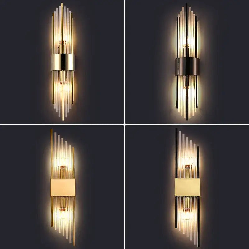Modern gold and black crystal wall lamp with vertical glass rods and metallic accents for living room decorbites crystal wall lamp