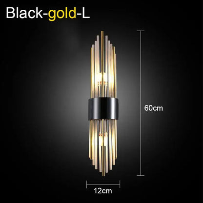 Modern gold and black crystal wall lamp with vertical glass rods and central black band for living room decorbites crystal wall lamp