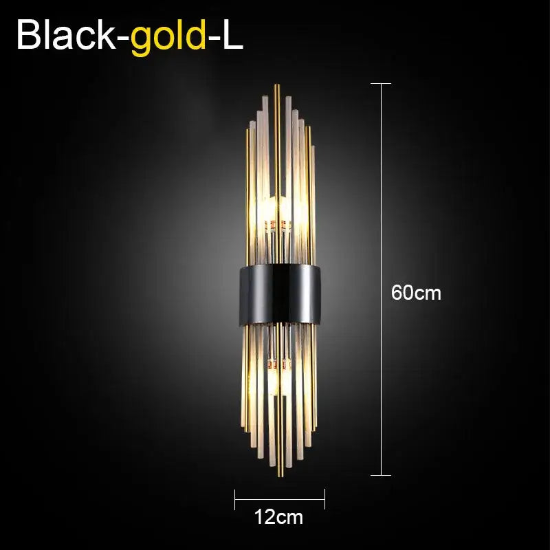 Modern gold and black crystal wall lamp with vertical glass rods and central black band for living room decorbites crystal wall lamp