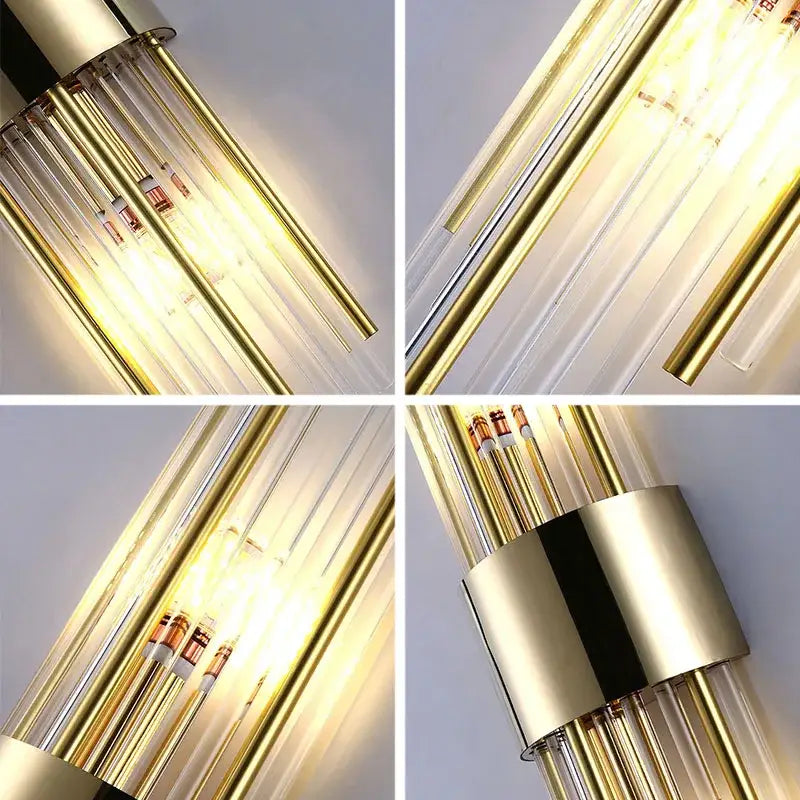 Modern gold and black crystal wall lamp with gold-toned sconce and clear glass tubes for living room decorbites crystal wall lamp