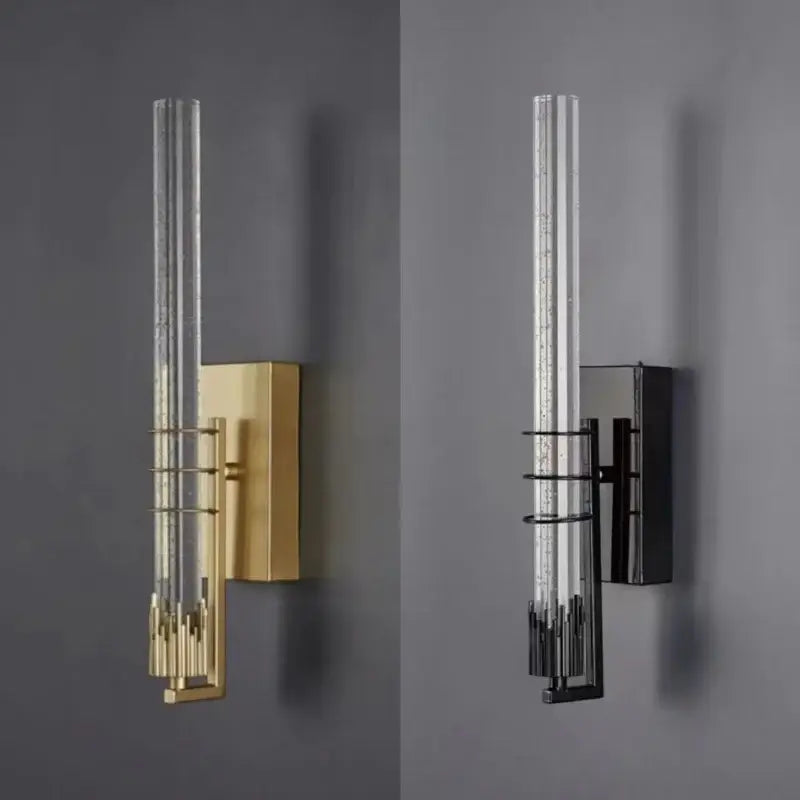 Modern gold and black crystal wall sconce with clear glass tube and metallic base for bedroom decorbites crystal wall lighting