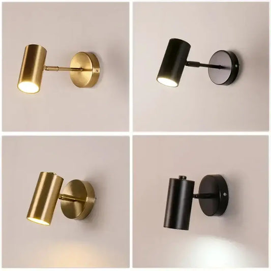 Modern gold and black cylindrical led wall lamp in brushed brass and matte black finishes perfect for living room decorbites gold led wall