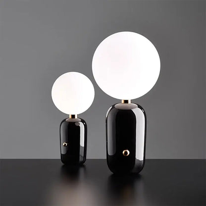 Modern gold and black decorbites glass ball led desk lamp with glossy black base and spherical white glass shades