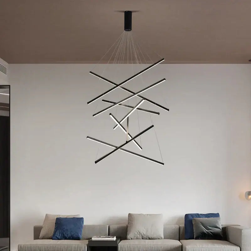Modern black and white linear aluminum ceiling chandelier with intersecting rods for living room use