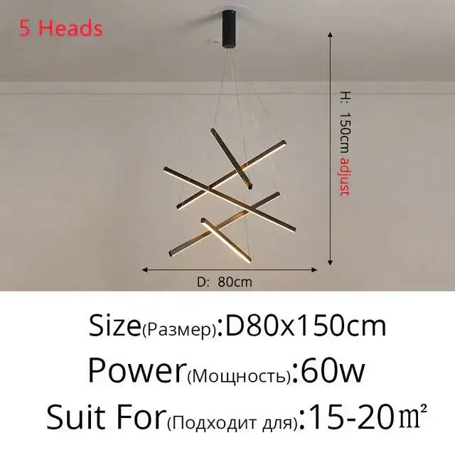 Modern gold and black aluminum ceiling chandelier with five intersecting metal bars housing led bulbs for living room