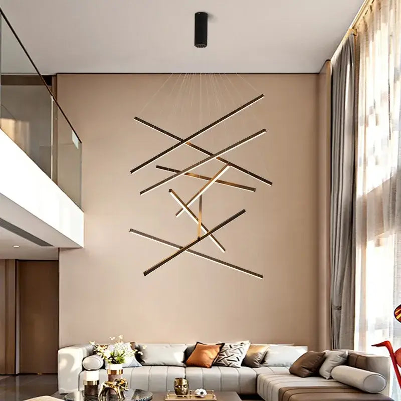 Modern gold and black geometric aluminum ceiling chandelier with intersecting linear bars for living room decor