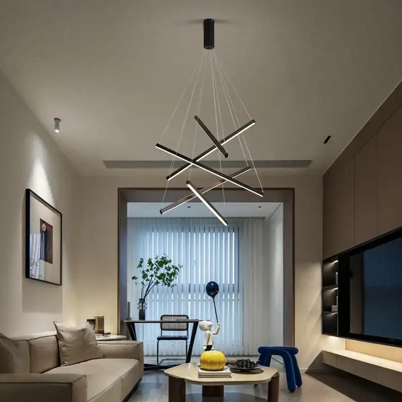 Modern black linear aluminum ceiling chandelier with intersecting geometric bars for living room lighting