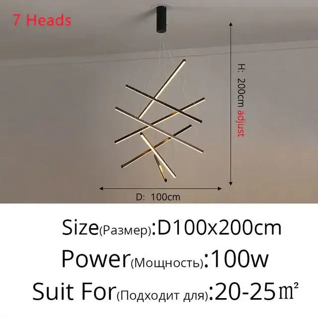 Modern gold and black geometric aluminum ceiling chandelier with seven intersecting chrome and black rods for living room