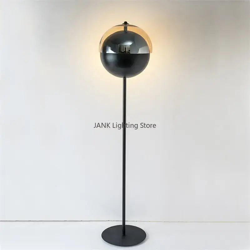 Modern gold and black glass hemisphere led floor lamp with reflective gold top and matte black bottom for living room decorbites floor lamp