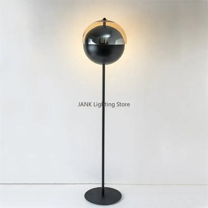 Modern gold and black glass hemisphere led floor lamp with reflective gold top and matte black bottom for living room decorbites floor lamp