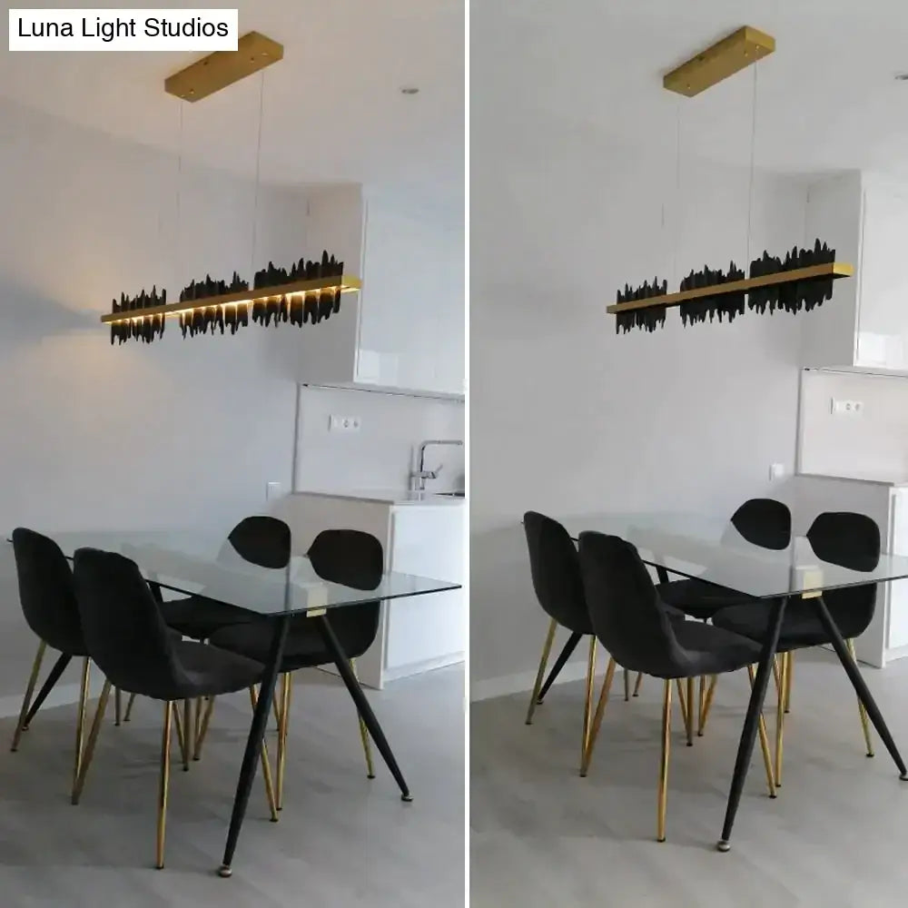 Modern rectangular led chandelier lighting with gold-finished wooden top and black jagged-edged led strip design by decorbites