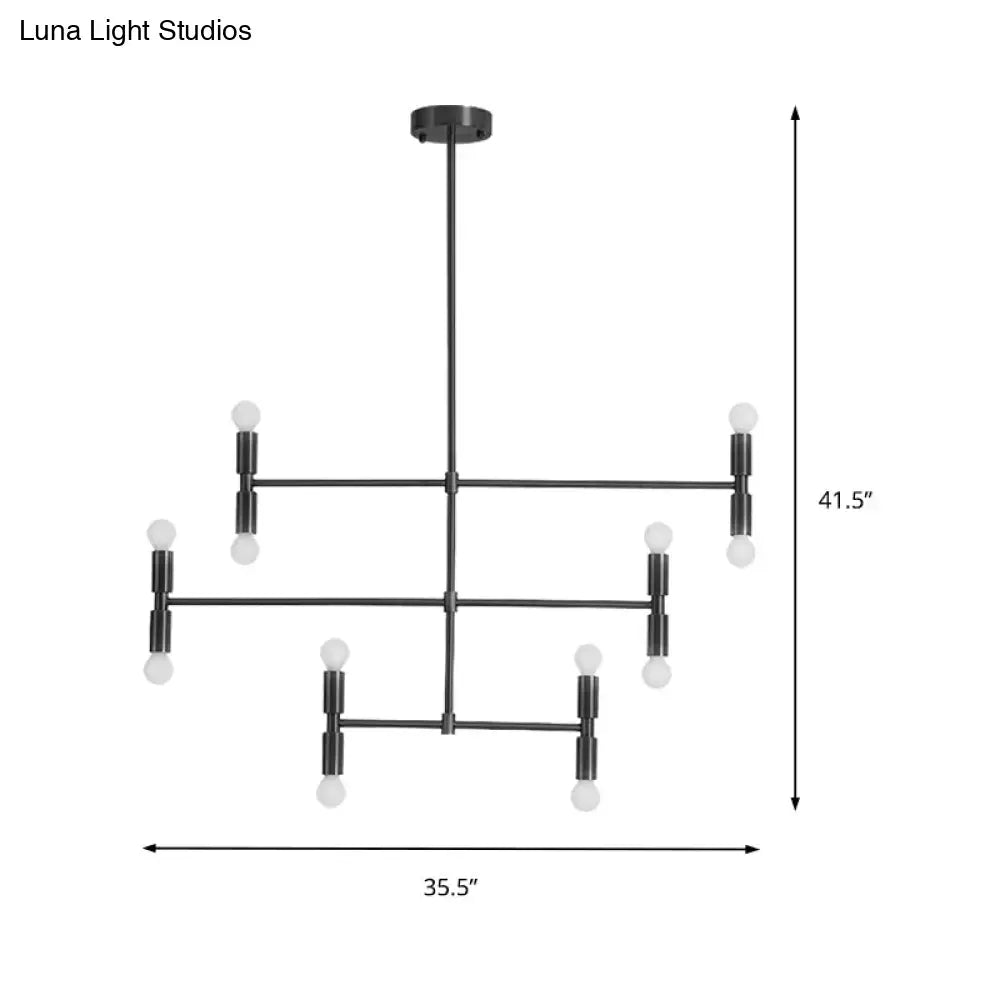 Black metal chandelier with geometric grid structure and frosted glass globes featuring rotatable arms gold black led island light