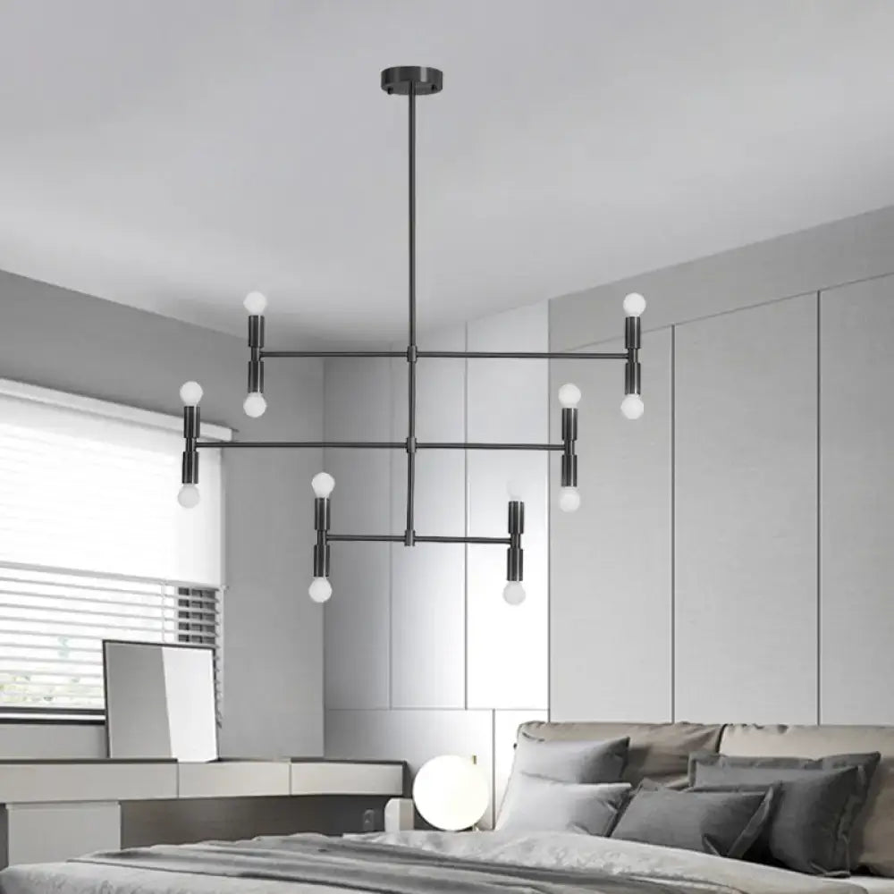 Modern black metal chandelier with spherical bulbs and rotatable arms in gold black finish ideal for led island light