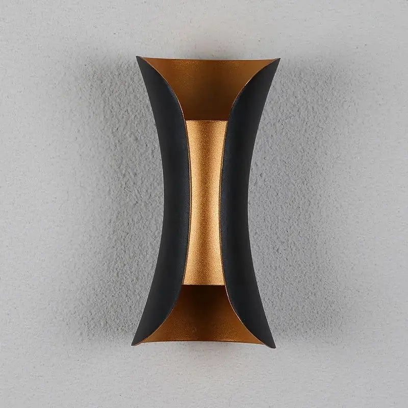 Modern gold and black LED wall light with sleek curved design and matte black brushed gold finishes for garden decorbites led wall use