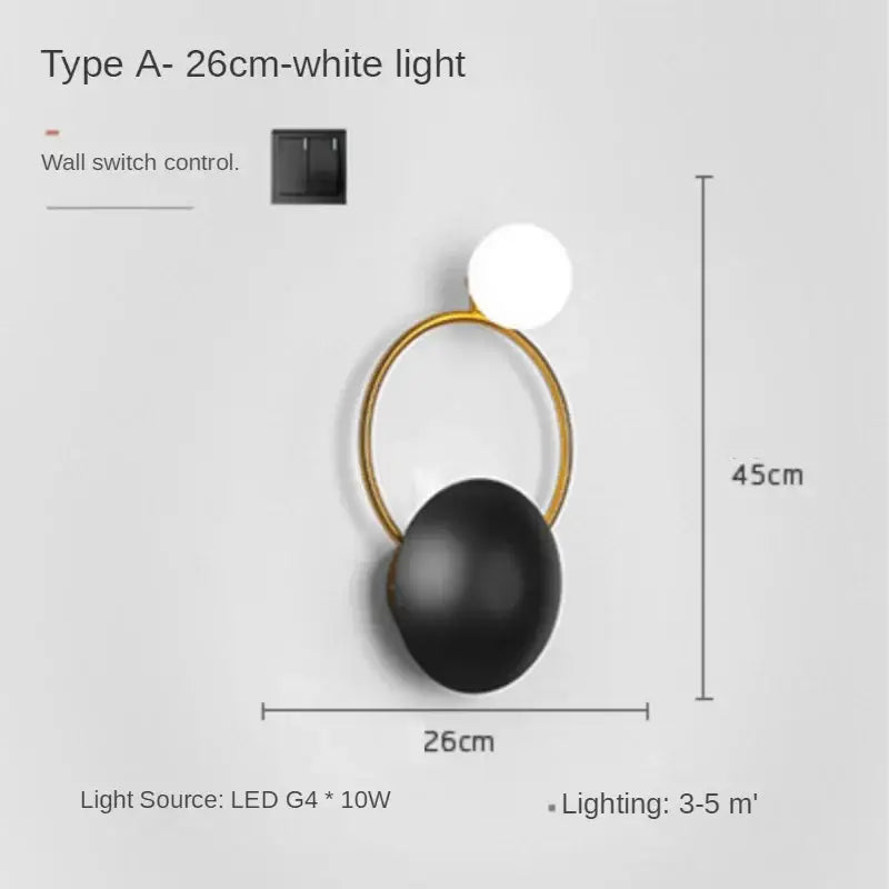 Modern gold and black led wall sconce with a circular frame and two orbs for elegant led wall living room decorbites light