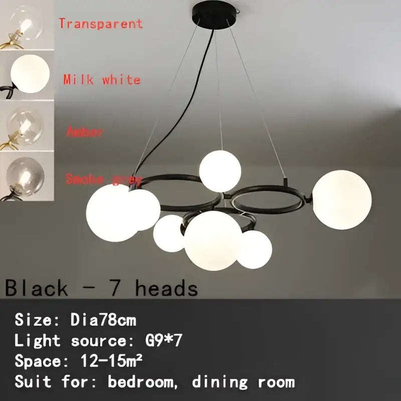 Black modern ceiling chandelier with seven frosted glass globes for dining room in magic bean ceiling style