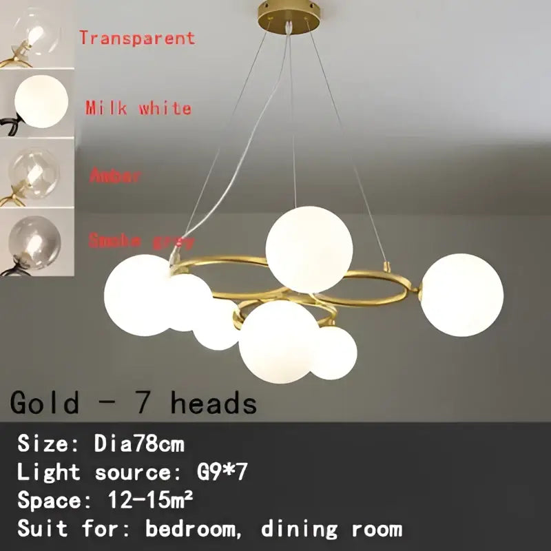 Modern gold black magic bean ceiling chandelier with seven frosted white glass globe lights for dining room lighting