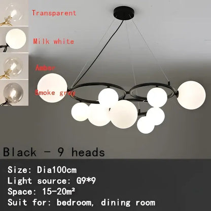 Modern gold black magic bean ceiling chandelier with nine white glass globe lights for dining room illumination