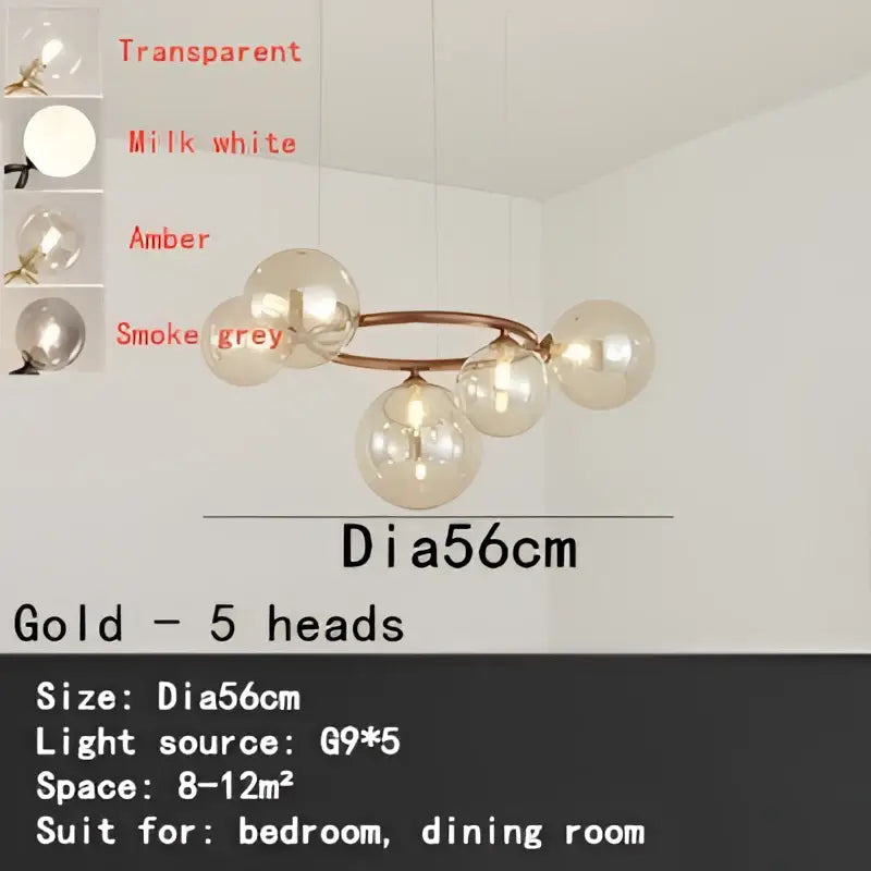 Modern gold black magic bean ceiling chandelier with five gold-toned spherical glass bulbs for dining room light