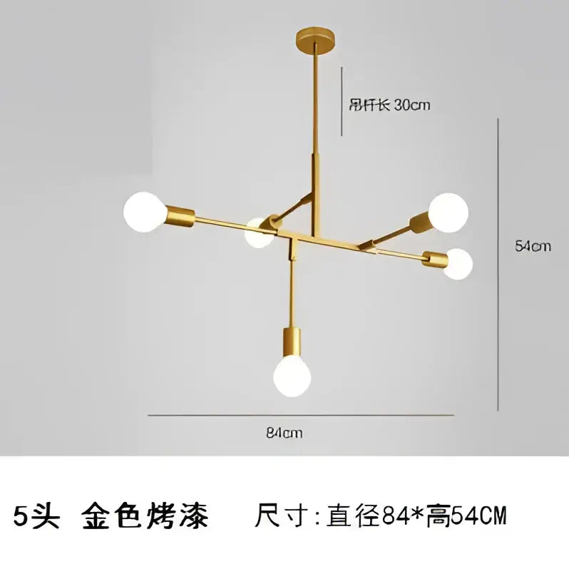 Modern gold and black pendant light with gold finish and five white glass bulbs decorbites cross style for dining room