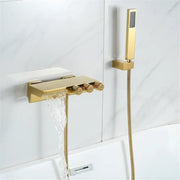 Modern gold black shower set featuring a gold-toned tub mixer faucet with three handles and handheld showerhead
