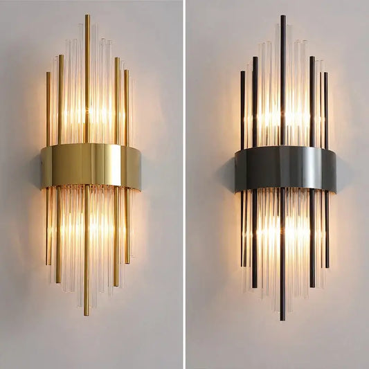 Modern gold and black stainless steel wall sconce with circular base and vertical glass rods for living room decorbites gold stainless