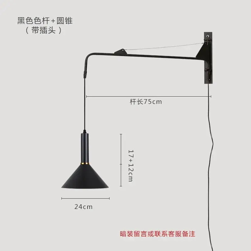 Black industrial wall lamp with 75cm articulated arm and conical shade decorbites gold black swing arm design