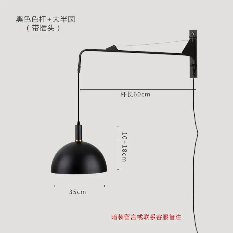 Black matte-finished industrial wall lamp with curved arm and dome shade for decorbites gold black swing arm use