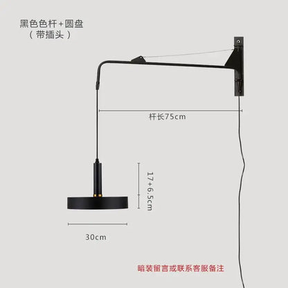 Black wall lamp with 75cm adjustable arm and circular base from decorbites gold black swing arm bedroom sconce collection