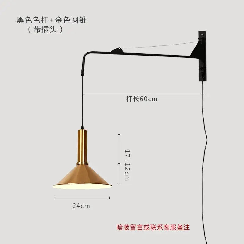 Modern gold black swing arm wall lamp with 60cm articulated arm and conical shade for decorbites gold black decor