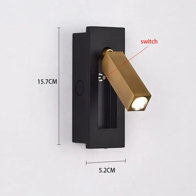 Black rectangular wall lamp with brass angular head and integrated switch decorbites led wall lamp for bedroom reading light