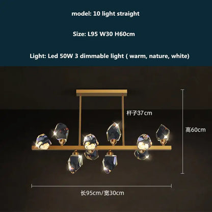 Modern gold and blue dimmable crystal chandelier with ten faceted dark crystals and a sleek rectangular frame decorbites copper led
