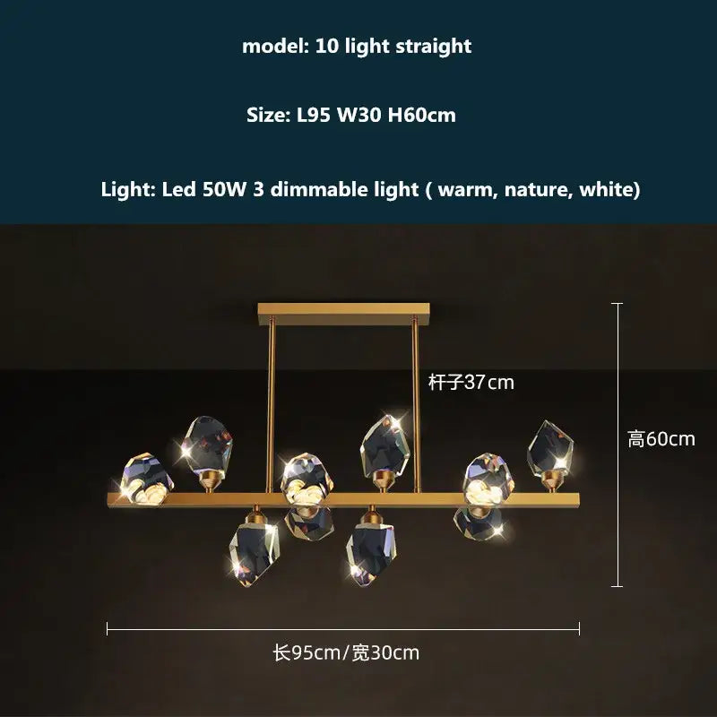 Modern gold and blue dimmable crystal chandelier with ten faceted dark crystals and a sleek rectangular frame decorbites copper led