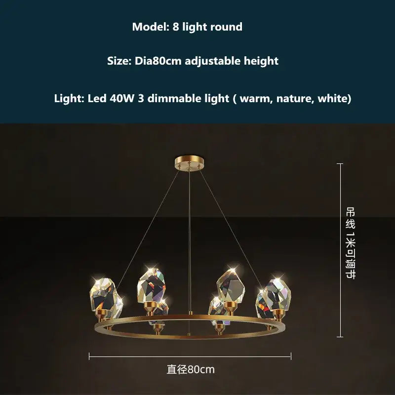Modern gold and blue dimmable crystal chandelier with brass finish and eight faceted lights for dining room decorbites copper led