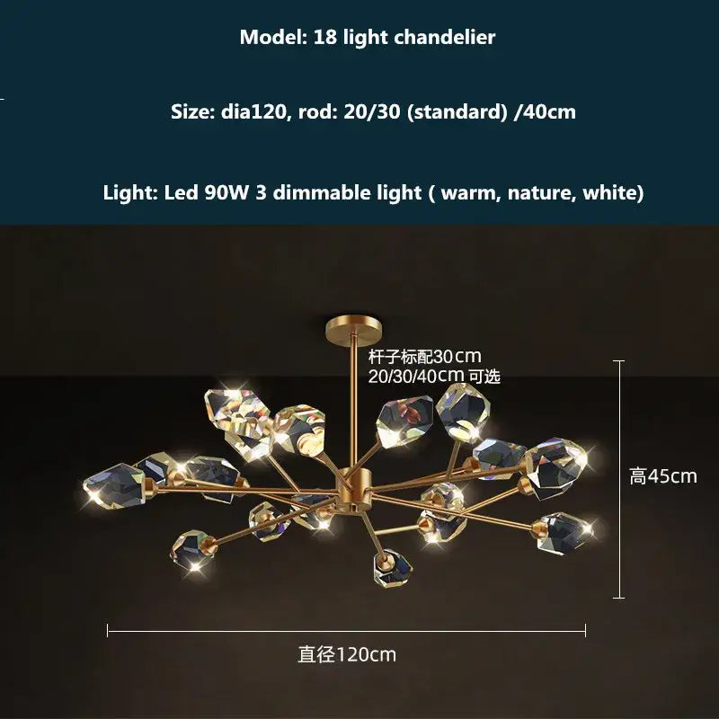 Modern gold and blue dimmable crystal chandelier with 18 gold-toned faceted bulbs for dining room decorbites copper led
