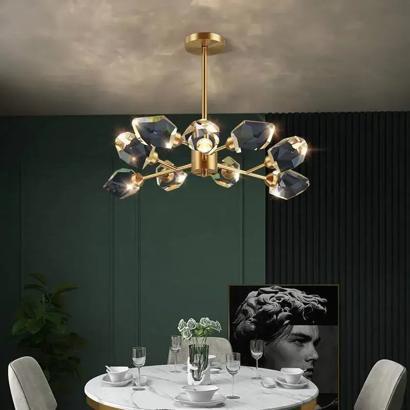 Modern gold and blue dimmable crystal chandelier with faceted dark blue crystals for dining room decorbites copper led