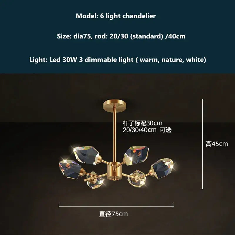 Modern gold six-light dimmable crystal chandelier with faceted shades for dining room decorbites copper led lighting