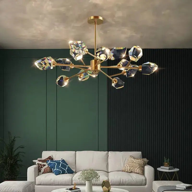 Modern gold and blue dimmable crystal chandelier with faceted shades for dining room decorbites copper led light