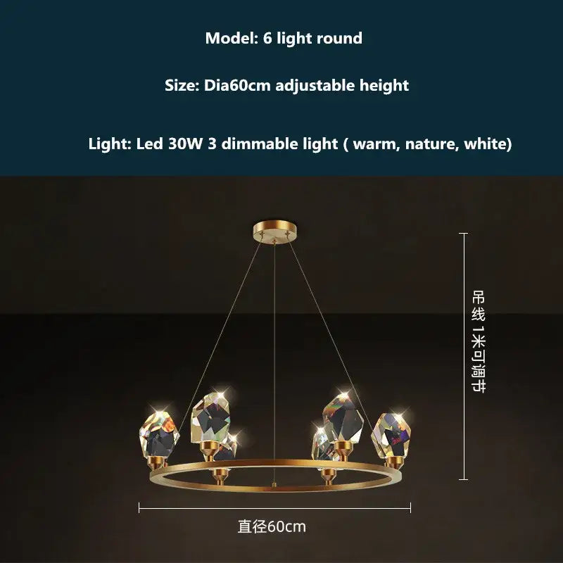 Modern gold and blue dimmable crystal chandelier with six faceted lights for dining room decorbites copper led light