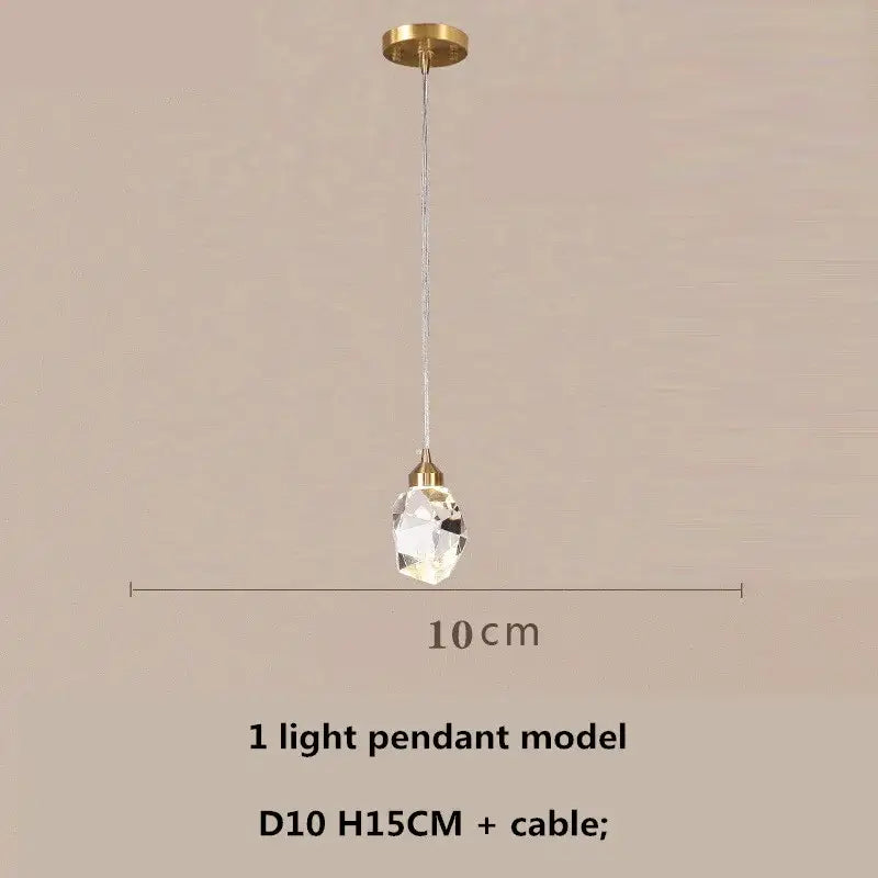 Modern gold and blue dimmable crystal chandelier with a gold-toned pendant light and faceted clear crystal globe by decorbites copper led